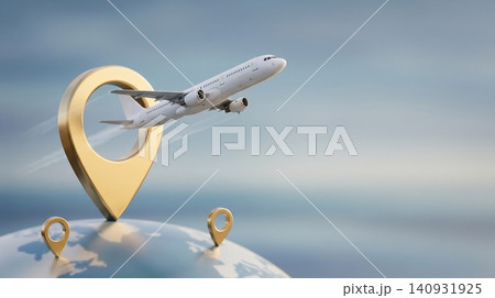 White commercial airplane flying through a golden location map pin above a globe representing global travel logistics White commercial airplane flying through a golden location map pin above a globe representing global travel logistics 140931925