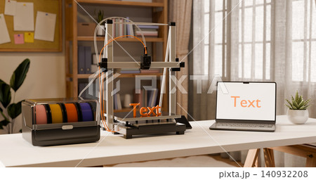 3D Printer Workspace with Filament Spools and Laptop on White Desk in Modern Home Office Room 3D Printer Workspace with Filament Spools and Laptop on White Desk in Modern Home Office Room 140932208
