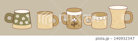 Handcrafted Ceramic Mug Set. Artisan Pottery Coffee Unique Clay Natural Cups with Daisy Pattern. Scandi Studio Mismatched Teaware. Isolated Earth Tones Eco-friendly Kitchen Decor. Vector Illustration. Handcrafted Ceramic Mug Set. Artisan Pottery Coffee Unique Clay Natural Cups with Daisy Pattern. Scandi Studio Mismatched Teaware. Isolated Earth Tones Eco-friendly Kitchen Decor. Vector Illustration. 140932347