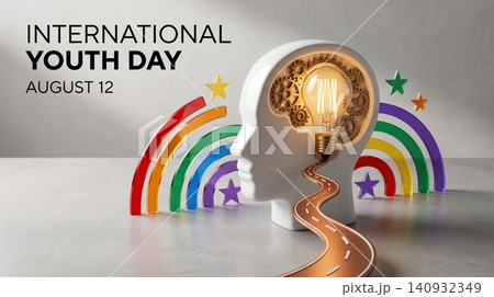 International youth day concept featuring human head silhouette with gear mechanism lightbulb and colorful rainbow arches on a minimalist grey background 140932349