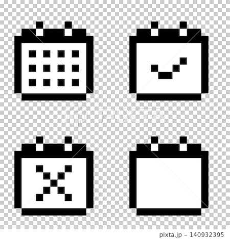Set of 4 black and white pixel art mini calendar icons with transparent backgrounds. 140932395