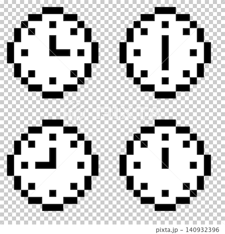 Set of 4 black and white pixel art mini clock icons with transparent backgrounds. Set of 4 black and white pixel art mini clock icons with transparent backgrounds. 140932396