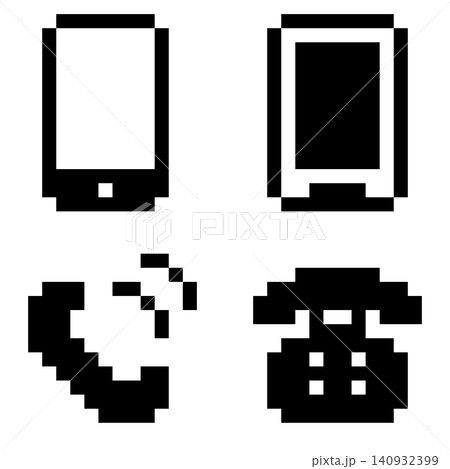 ドット絵の白黒ミニ電話アイコン4セット,透過背景 ドット絵の白黒ミニ電話アイコン4セット,透過背景 140932399