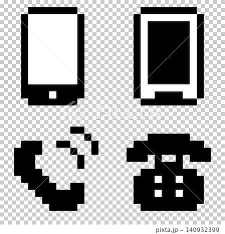 ドット絵の白黒ミニ電話アイコン4セット,透過背景 ドット絵の白黒ミニ電話アイコン4セット,透過背景 140932399