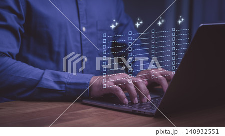 Businessman using laptop with Ai agent digital checklist for business success, quality work, and efficiency. Professional technology and digital solution concept for productivity. Businessman using laptop with Ai agent digital checklist for business success, quality work, and efficiency. Professional technology and digital solution concept for productivity. 140932551