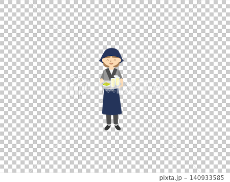 插圖描繪了一位居酒屋(日本酒吧)女服務員,她面帶微笑,手捧托盤,正在為客人提供食物和飲料。 插圖描繪了一位居酒屋(日本酒吧)女服務員,她面帶微笑,手捧托盤,正在為客人提供食物和飲料。 140933585