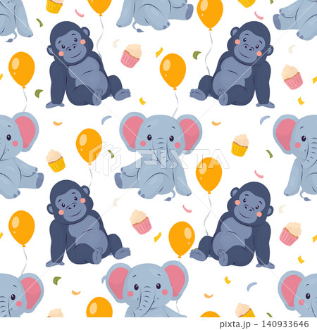 Seamless pattern with cute elephants, gorillas, balloons and cupcakes. Vector illustration in soft flat cartoon style. Kids birthday background for textile, wrapping paper, nursery decor, design Seamless pattern with cute elephants, gorillas, balloons and cupcakes. Vector illustration in soft flat cartoon style. Kids birthday background for textile, wrapping paper, nursery decor, design 140933646