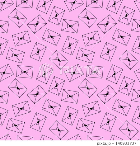 Envelopes with heart seals arranged diagonally. Seamless vector pattern in minimal line doodle style, perfect for textiles, wrapping paper, stationery, print design, wallpapers, postcards 140933737