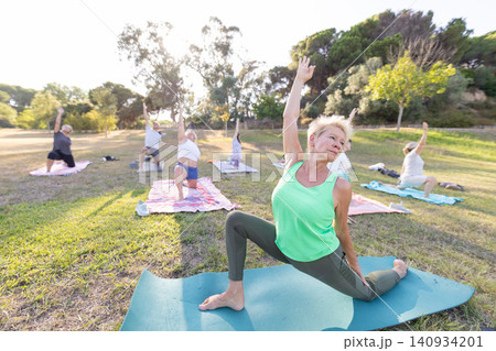 Seniors practicing yoga in park fostering healthy lifestyle 140934201