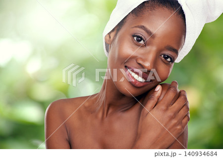 Hair towel, skincare and portrait of black woman in studio for wellness, dermatology or results on green backpack. Body, cleaning and face of African lady model with cosmetic, pamper or spa aesthetic Hair towel, skincare and portrait of black woman in studio for wellness, dermatology or results on green backpack. Body, cleaning and face of African lady model with cosmetic, pamper or spa aesthetic 140934684