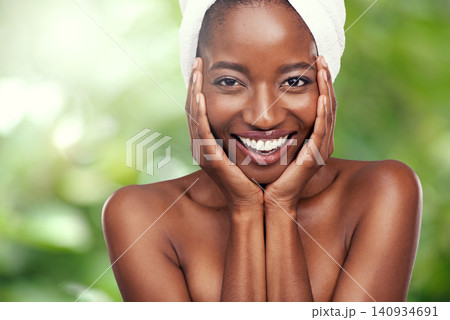 Hair towel, portrait or black woman in studio for skincare, wellness or dermatology results on green background. Beauty, cleaning and face of African lady model with cosmetic, pamper or spa aesthetic Hair towel, portrait or black woman in studio for skincare, wellness or dermatology results on green background. Beauty, cleaning and face of African lady model with cosmetic, pamper or spa aesthetic 140934691
