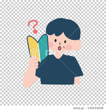 Illustration of a middle-aged man thinking while holding a beginner driver's sticker. Illustration of a middle-aged man thinking while holding a beginner driver's sticker. 140934699