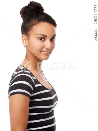 Portrait, smile and woman with beauty, fashion and confident girl isolated against a white studio background. Face, happy female person and young model with casual outfit, wellness and happiness Portrait, smile and woman with beauty, fashion and confident girl isolated against a white studio background. Face, happy female person and young model with casual outfit, wellness and happiness 140934777