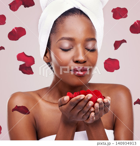 Dermatology, towel and black woman with red petals, cosmetics or wellness on white studio background. Aesthetic, African person or model with natural beauty or grooming with treatment or healthy skin Dermatology, towel and black woman with red petals, cosmetics or wellness on white studio background. Aesthetic, African person or model with natural beauty or grooming with treatment or healthy skin 140934913