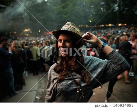 Excited woman, portrait and night at music festival party, event or outdoor DJ concert. Happy female person smile with hat in evening crowd or audience at carnival, performance or summer fest outside 140934985