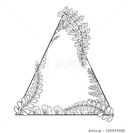 Vector fern leaf thin line art frame. Hand drawn triangle botanical design with black foliage and copy space. Decorative template for wedding card label. Woodland nature logo for floral decoration. Vector fern leaf thin line art frame. Hand drawn triangle botanical design with black foliage and copy space. Decorative template for wedding card label. Woodland nature logo for floral decoration. 140934986