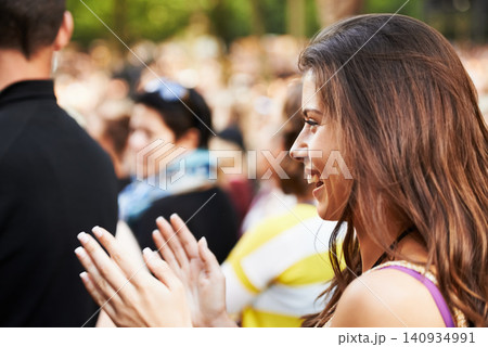 Crowd applause, outdoor festival and happy woman having fun, happiness and smile at group social gathering. Music concert, audience profile and excited girl vacation, entertainment or clap at event Crowd applause, outdoor festival and happy woman having fun, happiness and smile at group social gathering. Music concert, audience profile and excited girl vacation, entertainment or clap at event 140934991