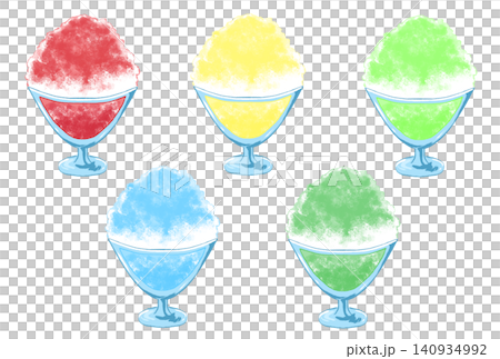 A set of hand-drawn style illustrations of shaved ice in a glass bowl. 140934992