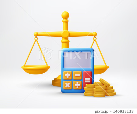 3D balance scale with calculator and gold coin 140935135