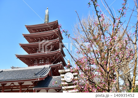 日本の東京 春の浅草 浅草寺の五重塔と美しい桜と青空 日本の東京 春の浅草 浅草寺の五重塔と美しい桜と青空 140935452