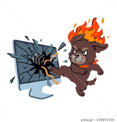 Angry Cartoon Dog Breaking Computer Screen Illustration Angry Cartoon Dog Breaking Computer Screen Illustration 140935590