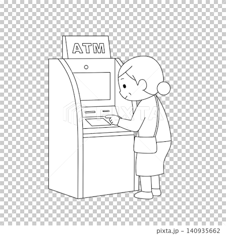 ATMを操作する女性の白黒線画イラスト ATMを操作する女性の白黒線画イラスト 140935662