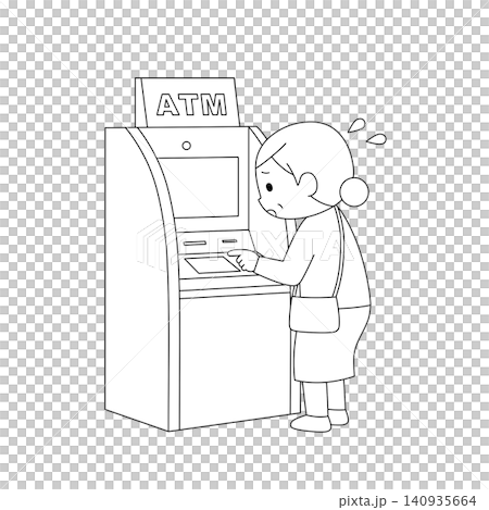 ATMの操作に困る女性の白黒線画イラスト ATMの操作に困る女性の白黒線画イラスト 140935664
