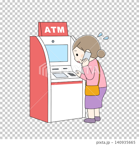 スマートフォンで通話しながらATMを操作する女性のカラーイラスト 140935665