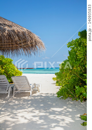 Beautiful tropical scenery, two sun beds, loungers, umbrella under tree. Beautiful tropical scenery, two sun beds, loungers, umbrella under tree. 140935833