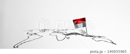 Indonesian flag pinned onto its geographic location on a minimalist line drawing of a world map, representing travel, geography, and nationality. Hari Kemerdekaan Dirgahayu Indonesia Indonesian flag pinned onto its geographic location on a minimalist line drawing of a world map, representing travel, geography, and nationality. Hari Kemerdekaan Dirgahayu Indonesia 140935965