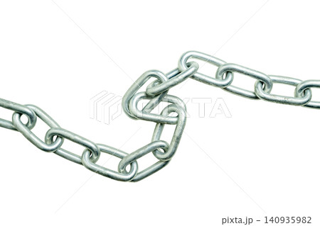 A horizontal silver metal chain with a curved shape isolated on a solid white background, symbolizing strength, connection, security, and industrial link 140935982