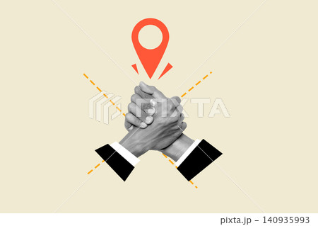 Modern collage art of two businessmen shaking hands firmly with a red map pointer location pin icon above, representing local business partnership and successful meeting 140935993