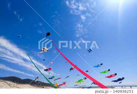 Vibrant, colorful kites soar high in a brilliant blue sky above a sunny beach. This dynamic wideangle shot captures the joyful essence of a summer festival, ideal for active lifestyle media. Vibrant, colorful kites soar high in a brilliant blue sky above a sunny beach. This dynamic wideangle shot captures the joyful essence of a summer festival, ideal for active lifestyle media. 140936251