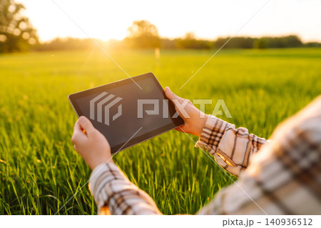 Young woman agronomist works on a modern digital tablet on a green wheat field. Young woman agronomist works on a modern digital tablet on a green wheat field. 140936512