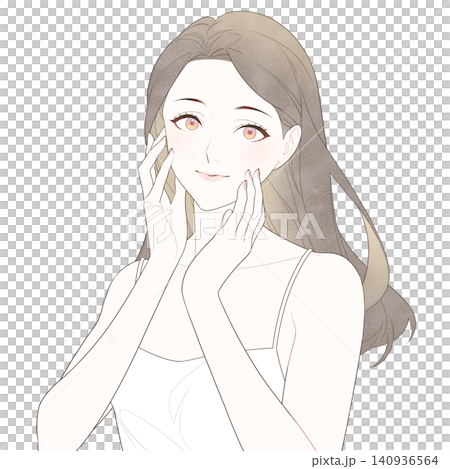 一位女性正在進行護膚的插圖（直視鏡頭）。 140936564