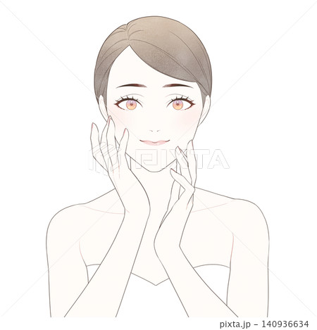 スキンケアをする女性のイラスト(カメラ目線) スキンケアをする女性のイラスト(カメラ目線) 140936634