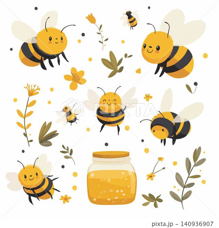 vector cartoon bee and honey jar, dipper with bee 140936907
