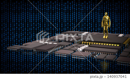 Golden Humanoid Robot On Digital Data Stage 3d render. 140937041