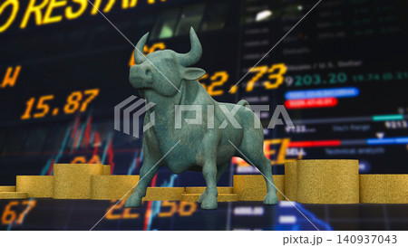 Bull Market Growth Concept with Gold Coins and Trading Screen 3d render. Bull Market Growth Concept with Gold Coins and Trading Screen 3d render. 140937043