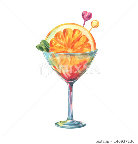 Watercolor illustration of a citrus fruit cocktail in a glass with orange slice and mint. Refreshing summer tropical drink for beach bar menu. Hand drawn artistic food design. 140937136