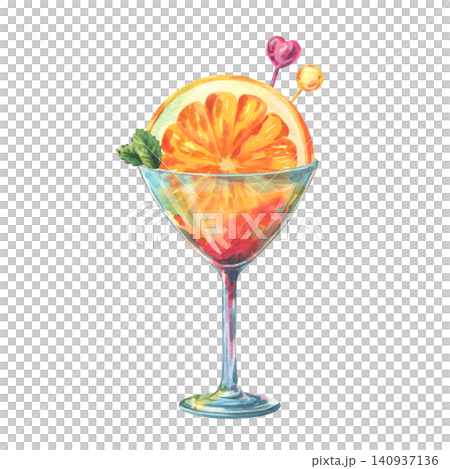 Watercolor illustration of a citrus fruit cocktail in a glass with orange slice and mint. Refreshing summer tropical drink for beach bar menu. Hand drawn artistic food design. 140937136