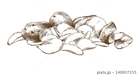 Hand drawn ink illustration of potato slices and whole tubers. Detailed engraving style vegetable sketching for culinary menu design, recipe book, grocery store billboard, food branding. Hand drawn ink illustration of potato slices and whole tubers. Detailed engraving style vegetable sketching for culinary menu design, recipe book, grocery store billboard, food branding. 140937155