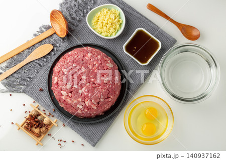 chinese Dumpling Filling Ingredients, Ground Pork Preparation with Seasonings 140937162