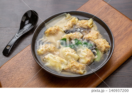 chinese Three Fresh Wontons in Light Broth, Traditional Dumpling Soup 140937200