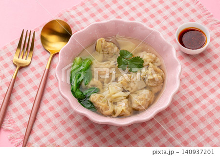 chinese Three Fresh Wontons in Light Broth, Traditional Dumpling Soup 140937201