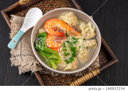 shrimp Wonton Noodles, Cantonese Traditional Soup Noodles shrimp Wonton Noodles, Cantonese Traditional Soup Noodles 140937234