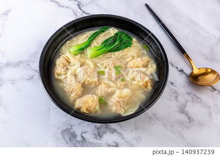 wonton Noodle Soup in Clear Broth, Traditional Chinese Dumpling Noodles wonton Noodle Soup in Clear Broth, Traditional Chinese Dumpling Noodles 140937239
