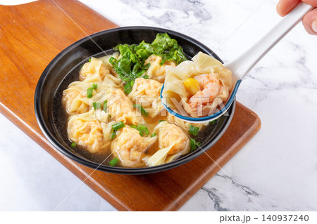 shrimp Wontons in Light Broth, Traditional Chinese Dumplings shrimp Wontons in Light Broth, Traditional Chinese Dumplings 140937240