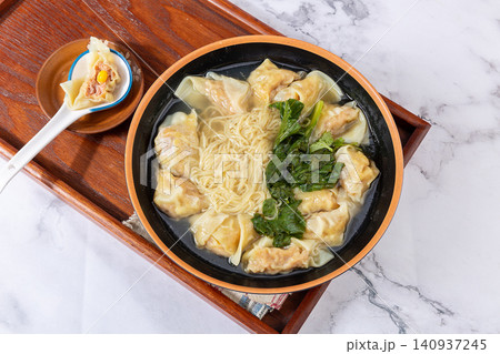 shrimp Corn Wonton Noodles, Cantonese Style Dumpling Soup Noodles shrimp Corn Wonton Noodles, Cantonese Style Dumpling Soup Noodles 140937245