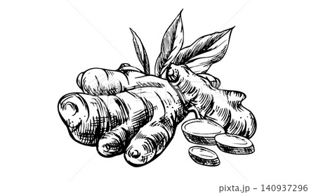 Ginger root with leaves and sliced pieces. Hand drawn ink illustration in engraving style. Natural herbal ingredient for healthy cooking, tea and medicine. Botanical culinary sketch. 140937296